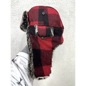 Weatherproof Vintage L Red Buffalo Plaid Wool Blend Trapper Hat Faux Fur Lined